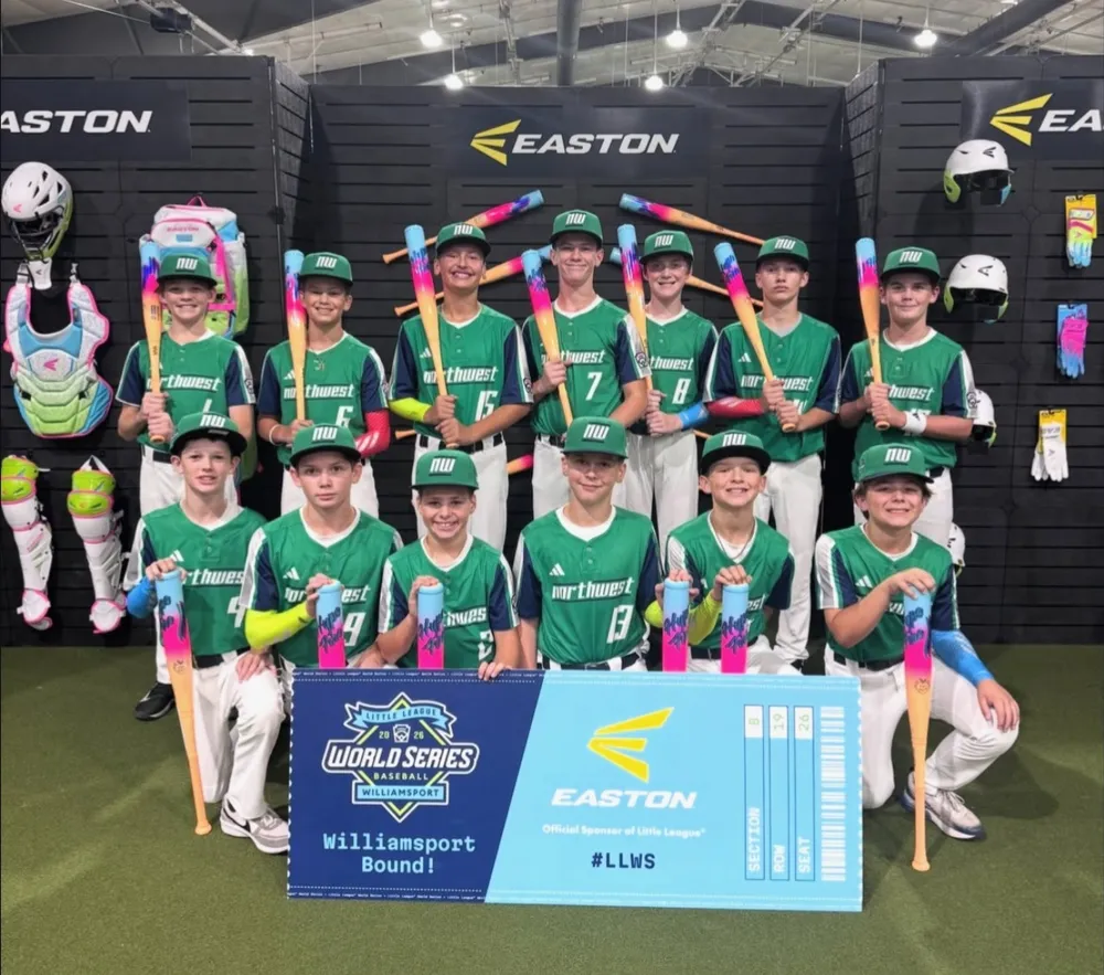 The Soundview All-Stars in Northwest uniforms, holding a 2026 Little League World Series "Williamsport Bound" sign